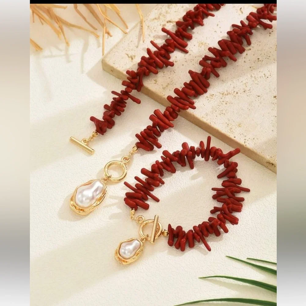 New Red Coral and Gold Faux Pearl Necklace and Bracelet Set - Picture 5 of 15